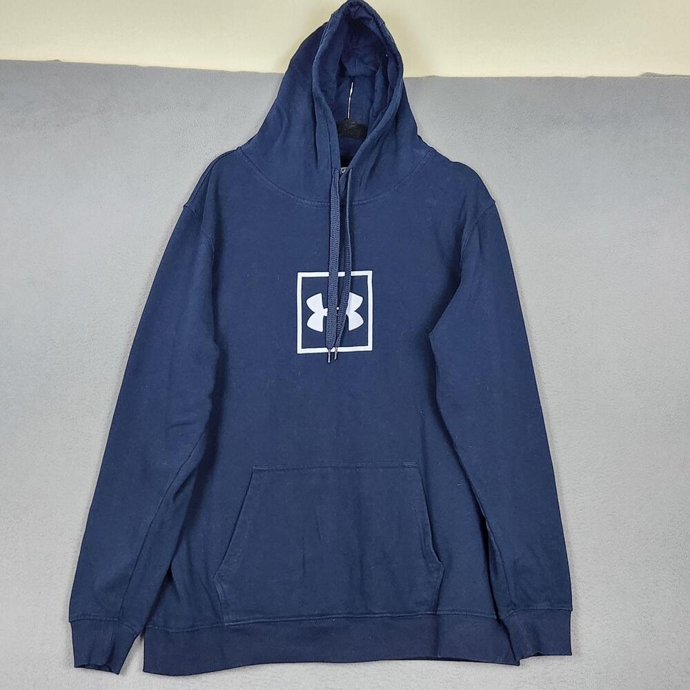UNDER ARMOUR Hoodie Mens 2XL Blue Pullover Fleece Box Logo Kangaroo Pocket
